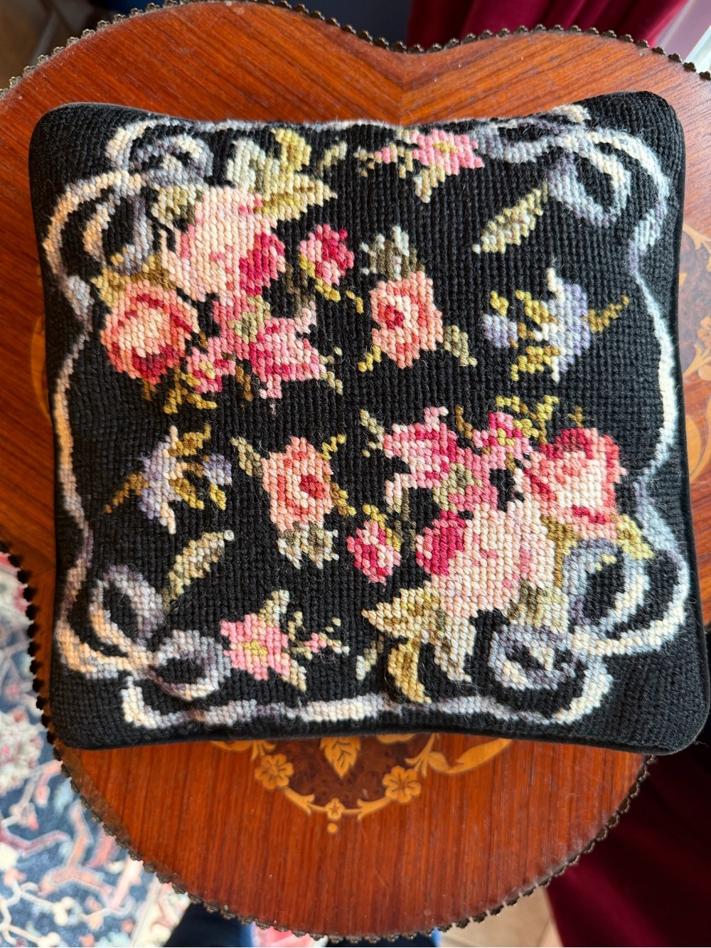 Cross Stitch Floral Pillow Black Floral Cottagecore Grandmacore